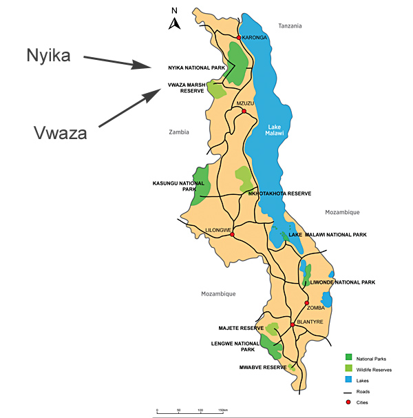 Nyika National Park and Vwaza Marsh on Malawi map